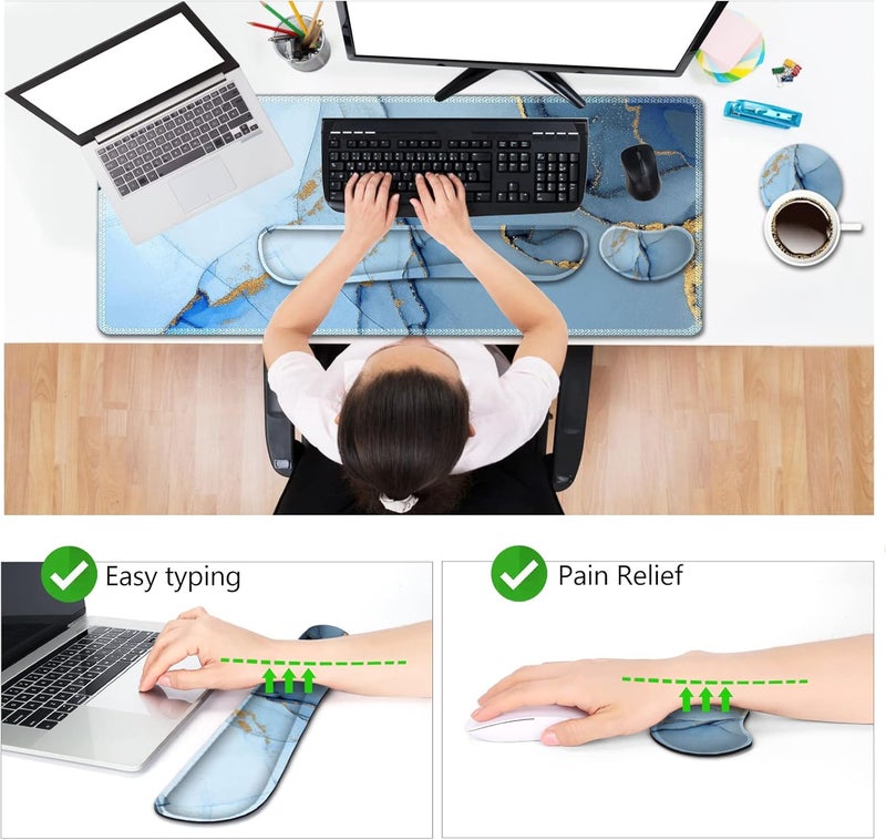 AIMSA Large Gaming Mouse Pad Set, Keyboard Wrist Rest Support Mouse Pad, Ergonomic Memory Foam Multifunctional Extended Desk Mat 35x15.7in Anti-Slip Rubber Base for Office Home, Blue Marble - Image 3